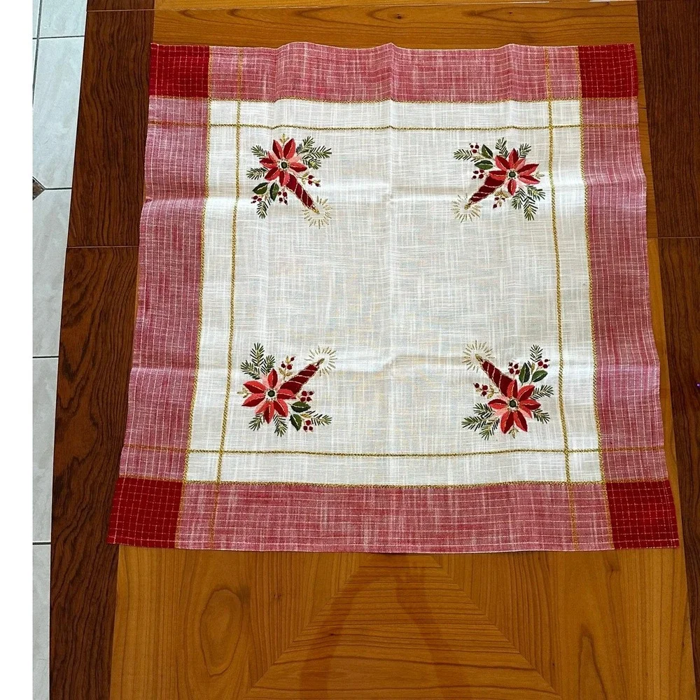 Vintage Christmas Poinsettia Embroidered Square Tablecloth Red Gold Metallic 33